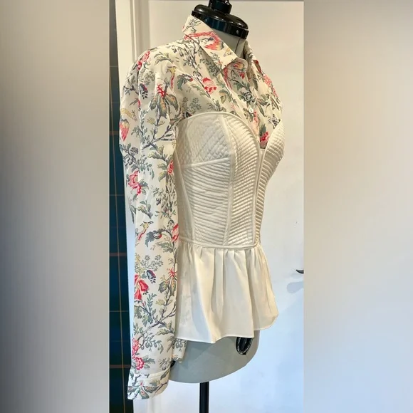 The Kooples silk button down shirt w/floral tropical bird print, cream/pink, XS - Picture 10 of 10